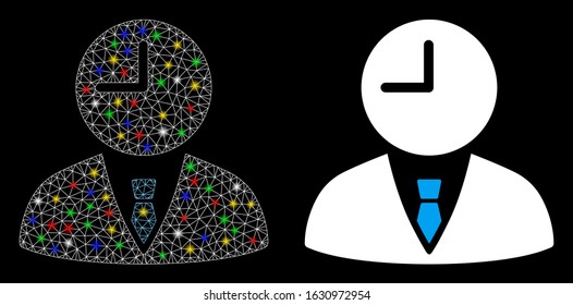 Glowing mesh time manager icon with lightspot effect. Abstract illuminated model of time manager. Shiny wire carcass polygonal mesh time manager icon. Vector abstraction on a black background.