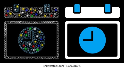 Glowing mesh time schedule icon with glitter effect. Abstract illuminated model of time schedule. Shiny wire carcass triangular mesh time schedule icon. Vector abstraction on a black background.