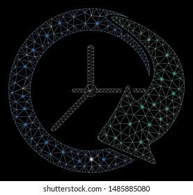 Glowing mesh time schedule with sparkle effect. Abstract illuminated model of time schedule icon. Shiny wire frame triangular mesh time schedule. Vector abstraction on a black background.