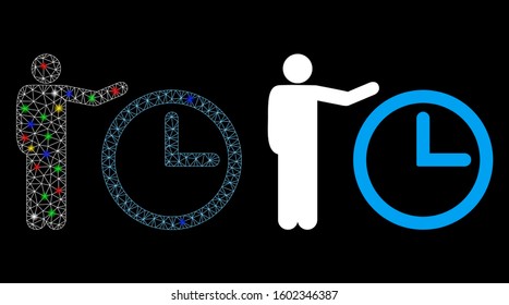 Glowing mesh time show icon with glare effect. Abstract illuminated model of time show. Shiny wire frame triangular mesh time show icon. Vector abstraction on a black background.