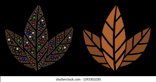 Glowing mesh tobacco leaves icon with glare effect. Abstract illuminated model of tobacco leaves. Shiny wire frame polygonal mesh tobacco leaves icon. Vector abstraction on a black background.