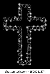 Glowing mesh tomb cross with glare effect. Abstract illuminated model of tomb cross icon. Shiny wire frame polygonal network tomb cross. Vector abstraction on a black background.
