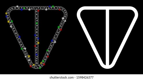 Glowing mesh ton currency icon with glitter effect. Abstract illuminated model of ton currency. Shiny wire carcass triangular mesh ton currency icon. Vector abstraction on a black background.