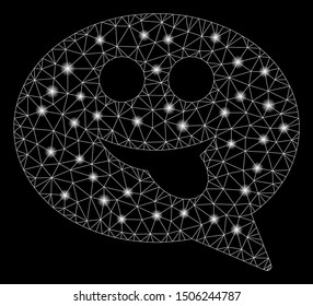 Glowing mesh tongue smiley message with sparkle effect. Abstract illuminated model of tongue smiley message icon. Shiny wire frame triangular network tongue smiley message.