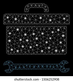 Glowing mesh toolbox with glow effect. Abstract illuminated model of toolbox icon. Shiny wire frame triangular network toolbox. Vector abstraction on a black background.