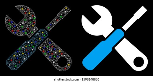 Glowing mesh tools icon with glow effect. Abstract illuminated model of tools. Shiny wire frame polygonal mesh tools icon. Vector abstraction on a black background.