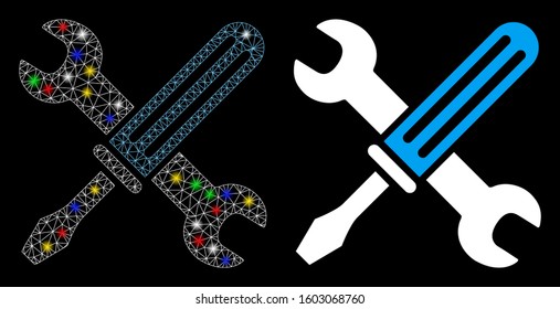 Glowing mesh tools icon with lightspot effect. Abstract illuminated model of tools. Shiny wire carcass polygonal mesh tools icon. Vector abstraction on a black background.