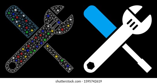 Glowing mesh tools icon with sparkle effect. Abstract illuminated model of tools. Shiny wire frame triangular mesh tools icon. Vector abstraction on a black background.