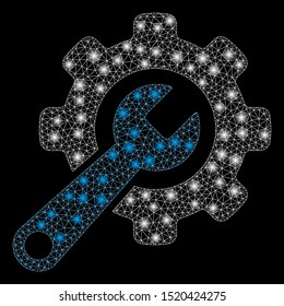 Glowing mesh tools with sparkle effect. Abstract illuminated model of tools icon. Shiny wire frame triangular mesh tools. Vector abstraction on a black background.