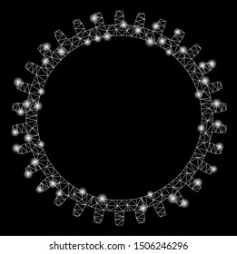 Glowing mesh tooth gear with sparkle effect. Abstract illuminated model of tooth gear icon. Shiny wire frame triangular mesh tooth gear. Vector abstraction on a black background.