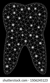 Glowing mesh tooth with glare effect. Abstract illuminated model of tooth icon. Shiny wire frame polygonal mesh tooth. Vector abstraction on a black background.