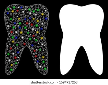 Glowing mesh tooth icon with glare effect. Abstract illuminated model of tooth. Shiny wire frame polygonal mesh tooth icon. Vector abstraction on a black background.