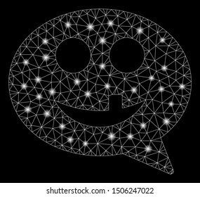 Glowing mesh tooth smiley message with lightspot effect. Abstract illuminated model of tooth smiley message icon. Shiny wire carcass polygonal mesh tooth smiley message.