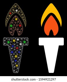 Glowing mesh torch icon with lightspot effect. Abstract illuminated model of torch. Shiny wire carcass triangular network torch icon. Vector abstraction on a black background.