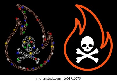 Glowing Mesh Toxic Fire Icon With Glow Effect. Abstract Illuminated Model Of Toxic Fire. Shiny Wire Carcass Triangular Mesh Toxic Fire Icon. Vector Abstraction On A Black Background.