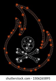 Glowing mesh toxic fire with lightspot effect. Abstract illuminated model of toxic fire icon. Shiny wire carcass triangular mesh toxic fire. Vector abstraction on a black background.