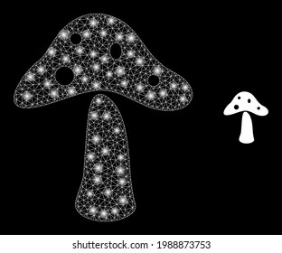 Glowing mesh toxic mushroom with glowing spots. Vector carcass based on toxic mushroom icon. Bright frame mesh toxic mushroom on a black background.