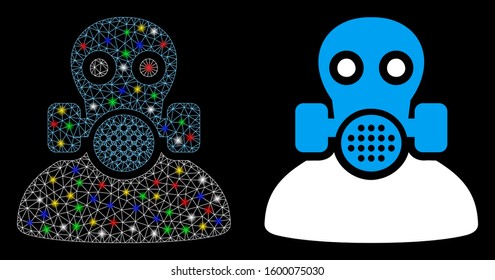 Glowing mesh toxic work icon with sparkle effect. Abstract illuminated model of toxic work. Shiny wire frame triangular mesh toxic work icon. Vector abstraction on a black background.