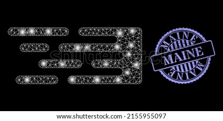 Glowing mesh transition beam with light spots, and Maine blue round grunge seal. Vector grid based on transition beam icon. Glowing carcass mesh transition beam.