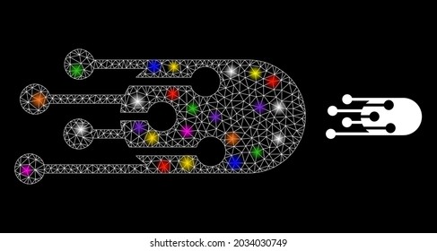 Icono de destello de bala de transición de malla brillante con manchas luminosas. Constelación vectorial iluminada basada en un icono de viñeta de transición. Carcasa espumosa bala de transición poligonal sobre un fondo negro.