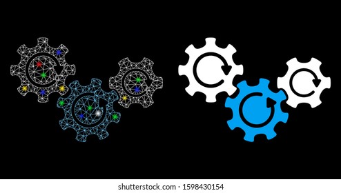 Glowing mesh transmission gears rotation icon with glow effect. Abstract illuminated model of transmission gears rotation. Shiny wire carcass triangular mesh transmission gears rotation icon.