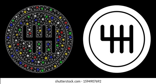 Glowing mesh transmission icon with glare effect. Abstract illuminated model of transmission. Shiny wire frame triangular mesh transmission icon. Vector abstraction on a black background.