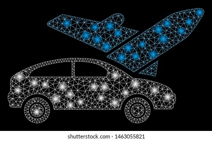 Glowing mesh transport with glow effect. Abstract illuminated model of transport icon. Shiny wire frame polygonal mesh transport. Vector abstraction on a black background.