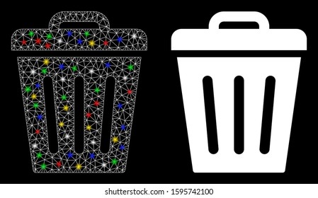 Glowing mesh trash can icon with glow effect. Abstract illuminated model of trash can. Shiny wire carcass triangular network trash can icon. Vector abstraction on a black background.