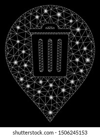 Glowing mesh trash can marker with sparkle effect. Abstract illuminated model of trash can marker icon. Shiny wire frame triangular mesh trash can marker. Vector abstraction on a black background.