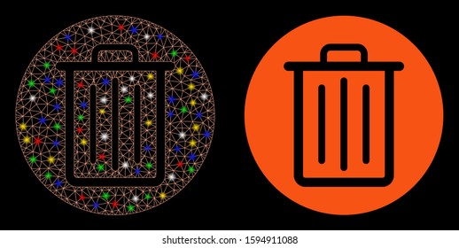 Glowing mesh trash icon with glare effect. Abstract illuminated model of trash. Shiny wire carcass polygonal network trash icon. Vector abstraction on a black background.