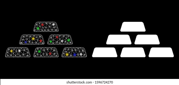 Glowing mesh treasure bricks icon with glow effect. Abstract illuminated model of treasure bricks. Shiny wire frame polygonal mesh treasure bricks icon. Vector abstraction on a black background.