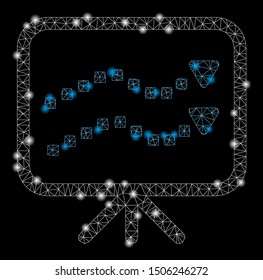 Glowing mesh trends presentation with glare effect. Abstract illuminated model of trends presentation icon. Shiny wire carcass triangular mesh trends presentation.
