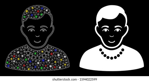 Glowing mesh trendy guy icon with sparkle effect. Abstract illuminated model of trendy guy. Shiny wire carcass polygonal mesh trendy guy icon. Vector abstraction on a black background.