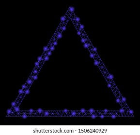 Glowing mesh triangle frame with glare effect. Abstract illuminated model of triangle frame icon. Shiny wire carcass triangular mesh triangle frame. Vector abstraction on a black background.