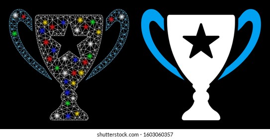 Glowing mesh trophy cup icon with lightspot effect. Abstract illuminated model of trophy cup. Shiny wire carcass triangular mesh trophy cup icon. Vector abstraction on a black background.
