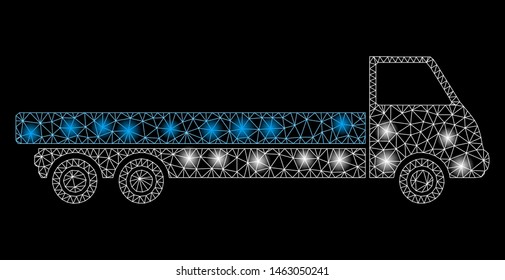 Glowing mesh truck with glare effect. Abstract illuminated model of truck icon. Shiny wire frame polygonal mesh truck. Vector abstraction on a black background.