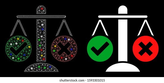 Icono de decisión de la verdad de malla brillante con efecto espumoso. Modelo abstracto iluminado de decisión de la verdad. Icono de decisión de la verdad de malla polígonal de marco brillante. Extracción vectorial en un fondo negro.