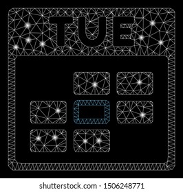 Glowing mesh Tuesday calendar grid with glitter effect. Abstract illuminated model of Tuesday calendar grid icon. Shiny wire carcass triangular mesh Tuesday calendar grid.