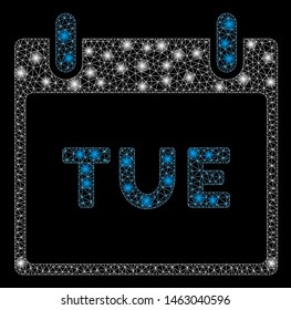 Glowing mesh Tuesday calendar page with glitter effect. Abstract illuminated model of Tuesday calendar page icon. Shiny wire frame polygonal mesh Tuesday calendar page.