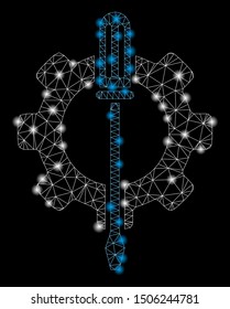 Glowing mesh tuning options gear with glow effect. Abstract illuminated model of tuning options gear icon. Shiny wire frame polygonal mesh tuning options gear.