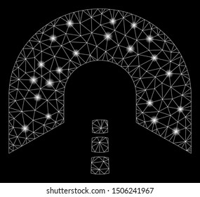 Glowing mesh tunnel with glare effect. Abstract illuminated model of tunnel icon. Shiny wire frame polygonal mesh tunnel. Vector abstraction on a black background.