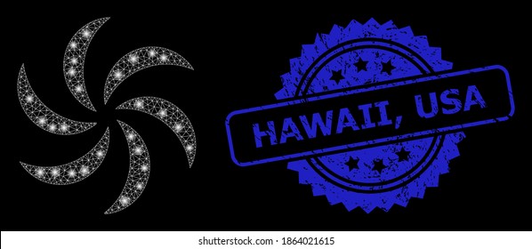 Glowing mesh turbine rotation with glowing spots, and Hawaii, USA unclean ribbon stamp. Blue stamp contains Hawaii, USA caption inside rosette.
