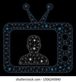 Glowing mesh TV speaker with sparkle effect. Abstract illuminated model of TV speaker icon. Shiny wire frame triangular network TV speaker. Vector abstraction on a black background.