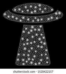 Glowing mesh UFO ship with glare effect. Abstract illuminated model of UFO ship icon. Shiny wire frame triangular mesh UFO ship. Vector abstraction on a black background.