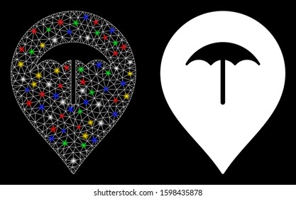 Glowing mesh umbrella icon with glitter effect. Abstract illuminated model of umbrella. Shiny wire carcass triangular mesh umbrella icon. Vector abstraction on a black background.