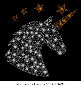 Glowing mesh unicorn head with sparkle effect. Abstract illuminated model of unicorn head icon. Shiny wire frame triangular mesh unicorn head. Vector abstraction on a black background.