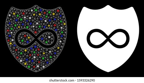 Glowing mesh unlimited shield icon with glare effect. Abstract illuminated model of unlimited shield. Shiny wire carcass triangular mesh unlimited shield icon.
