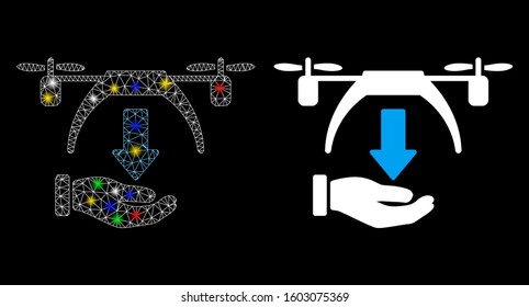 Glowing mesh unload drone icon with glitter effect. Abstract illuminated model of unload drone. Shiny wire carcass polygonal network unload drone icon. Vector abstraction on a black background.