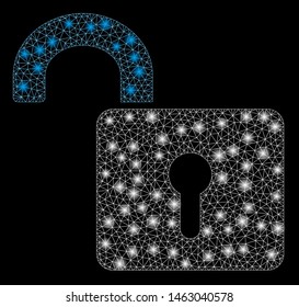Glowing mesh unlock with lightspot effect. Abstract illuminated model of unlock icon. Shiny wire carcass polygonal mesh unlock. Vector abstraction on a black background.