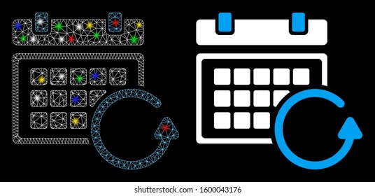 Glowing mesh update calendar icon with glow effect. Abstract illuminated model of update calendar. Shiny wire carcass polygonal mesh update calendar icon. Vector abstraction on a black background.